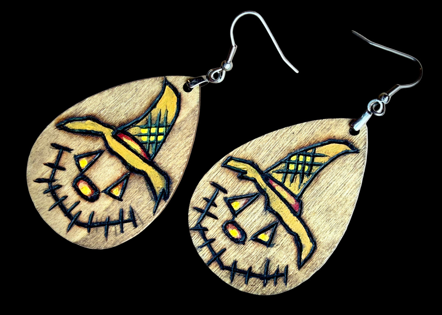 Wood Teardrop Scarecrow Earrings