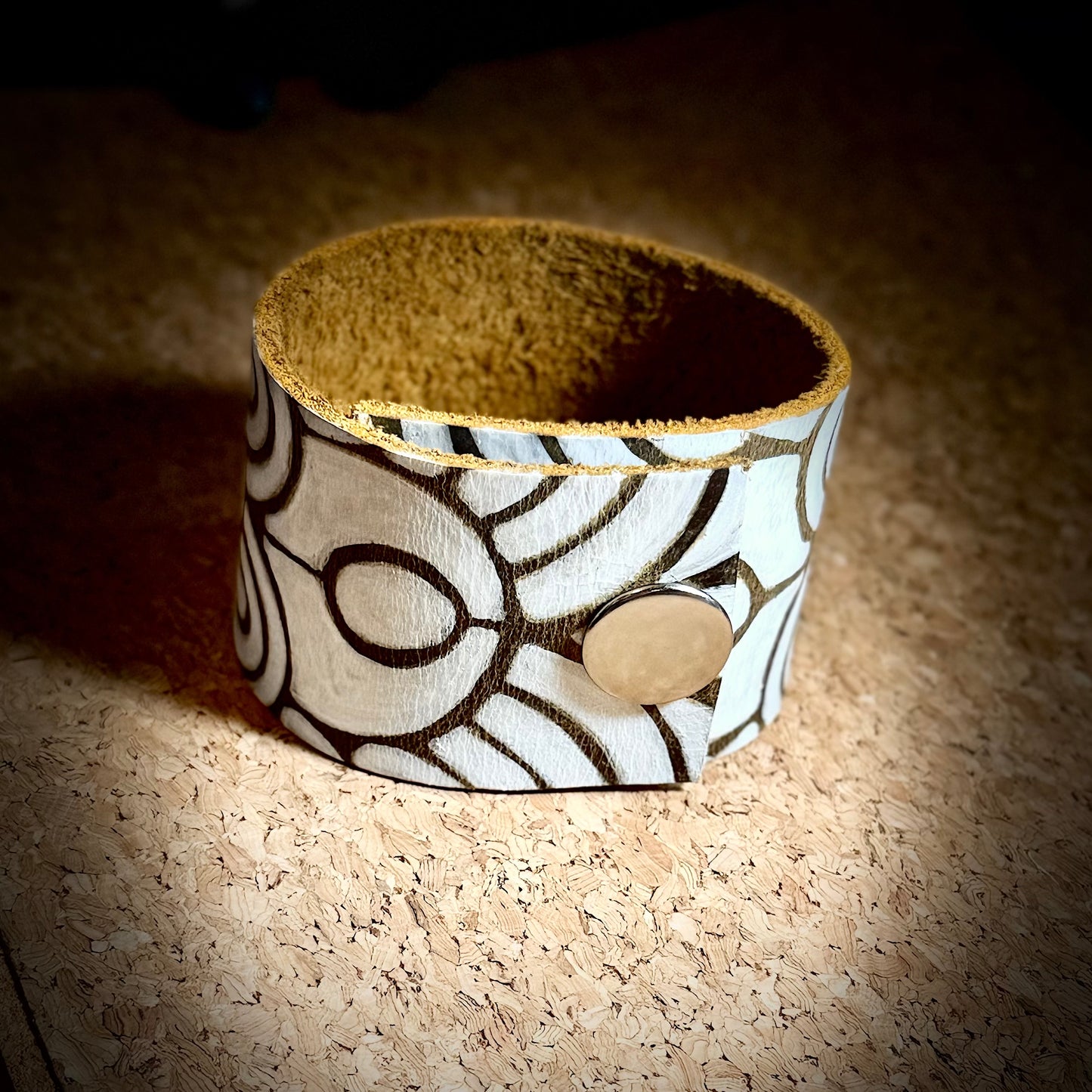 Floral Mandala Painted Leather Cuff Bracelet | Snap Closure