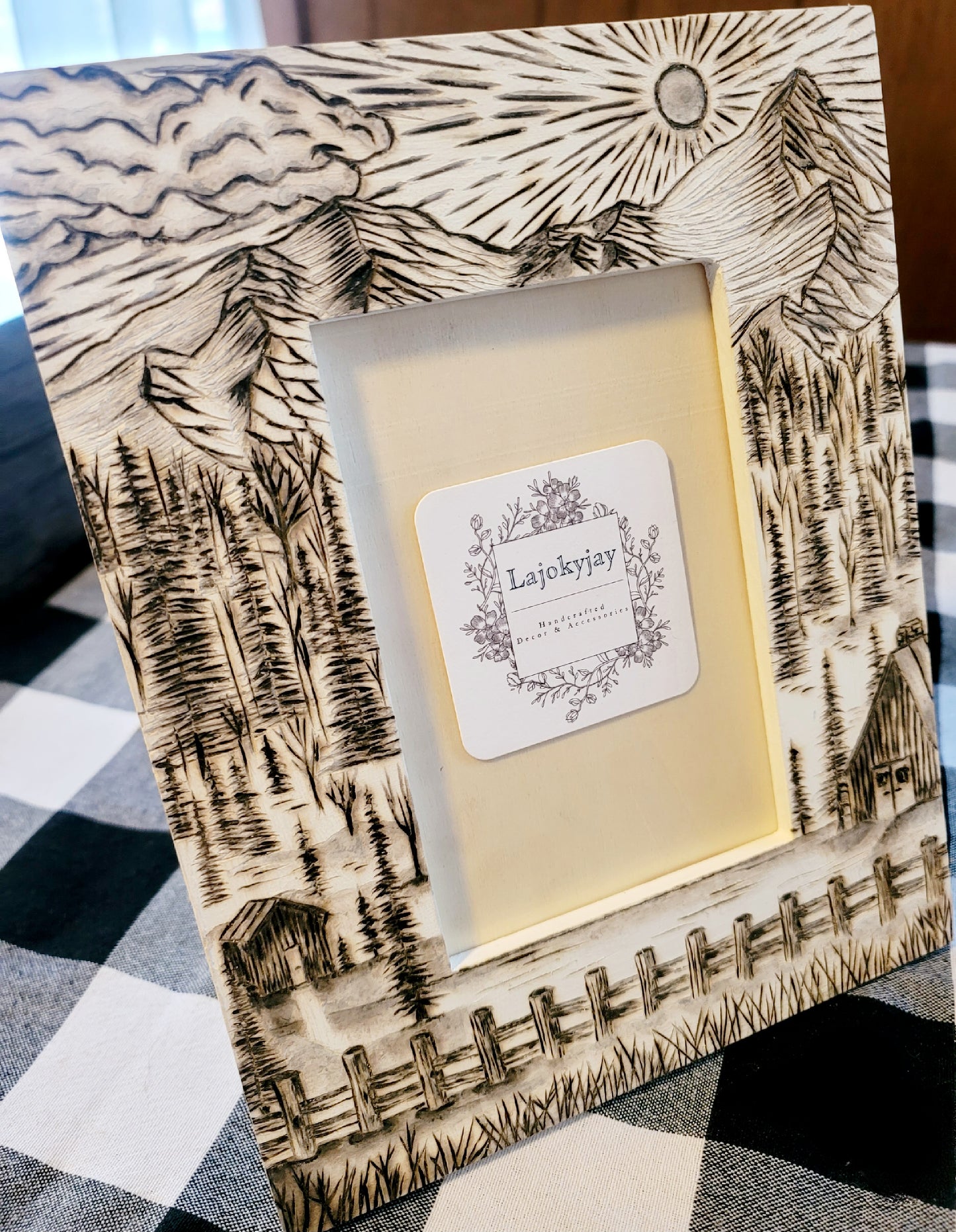 White & Wood Burned - Country Mountain Picture Frame