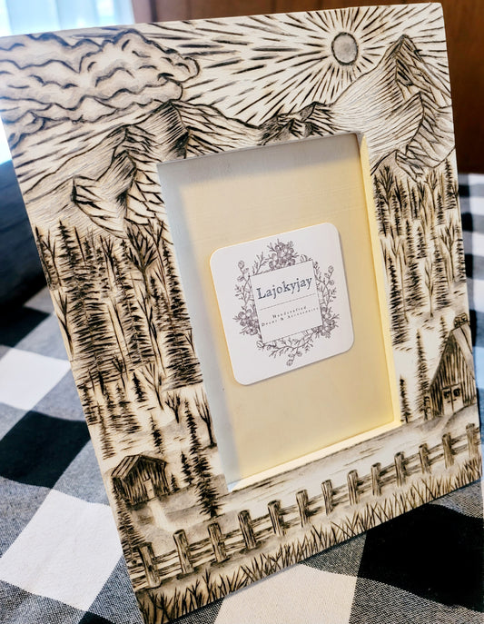 White & Wood Burned - Country Mountain Picture Frame