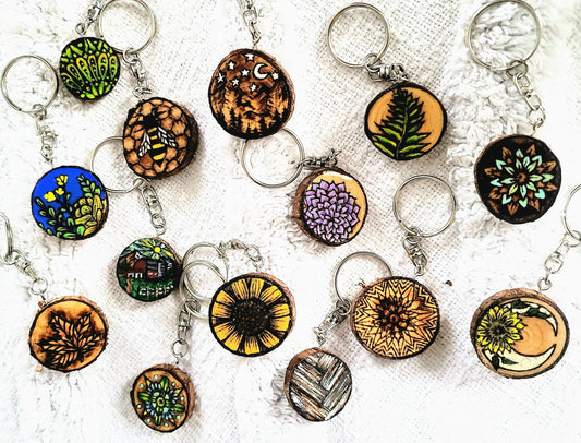 Wood Slice Charm Keychains – Hand-Burned & Painted