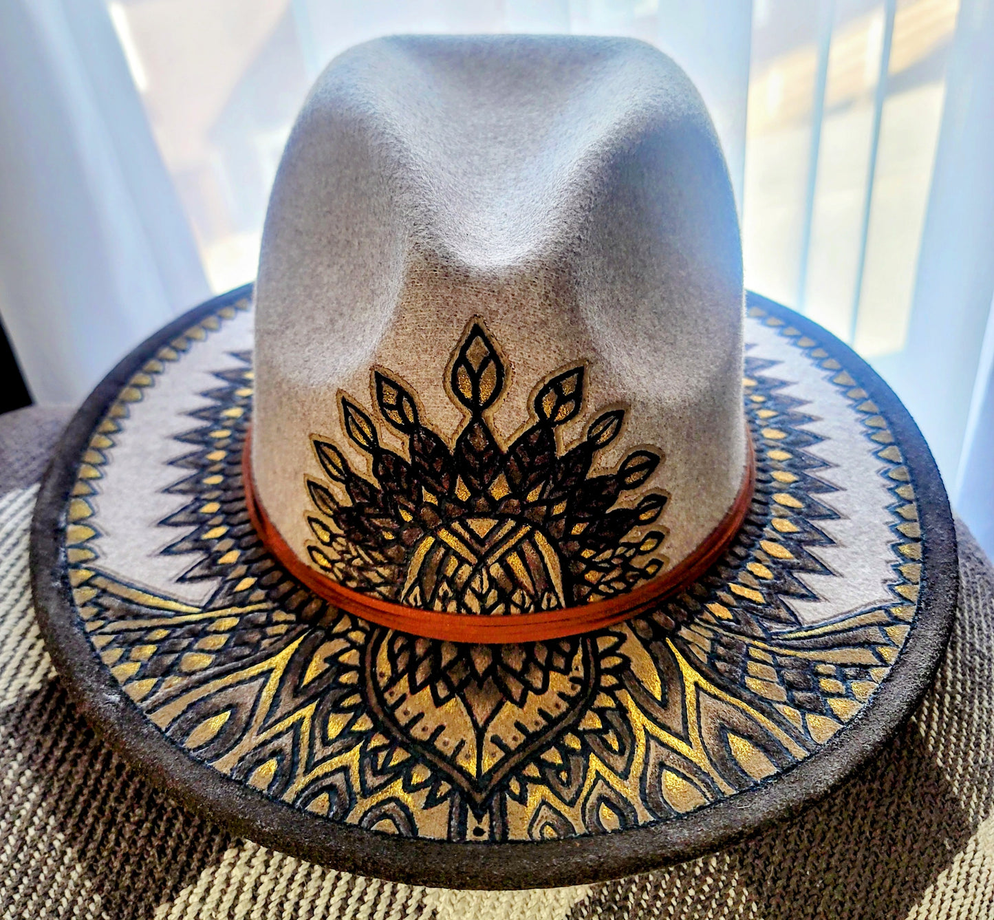 Native Aztec Etched & Painted Fedora
