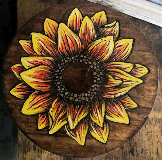 Small Plant Stool - Woodburned & Painted Sunflower