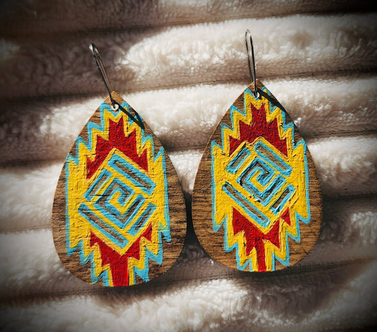 Leather Native Aztec Teardrop Earrings