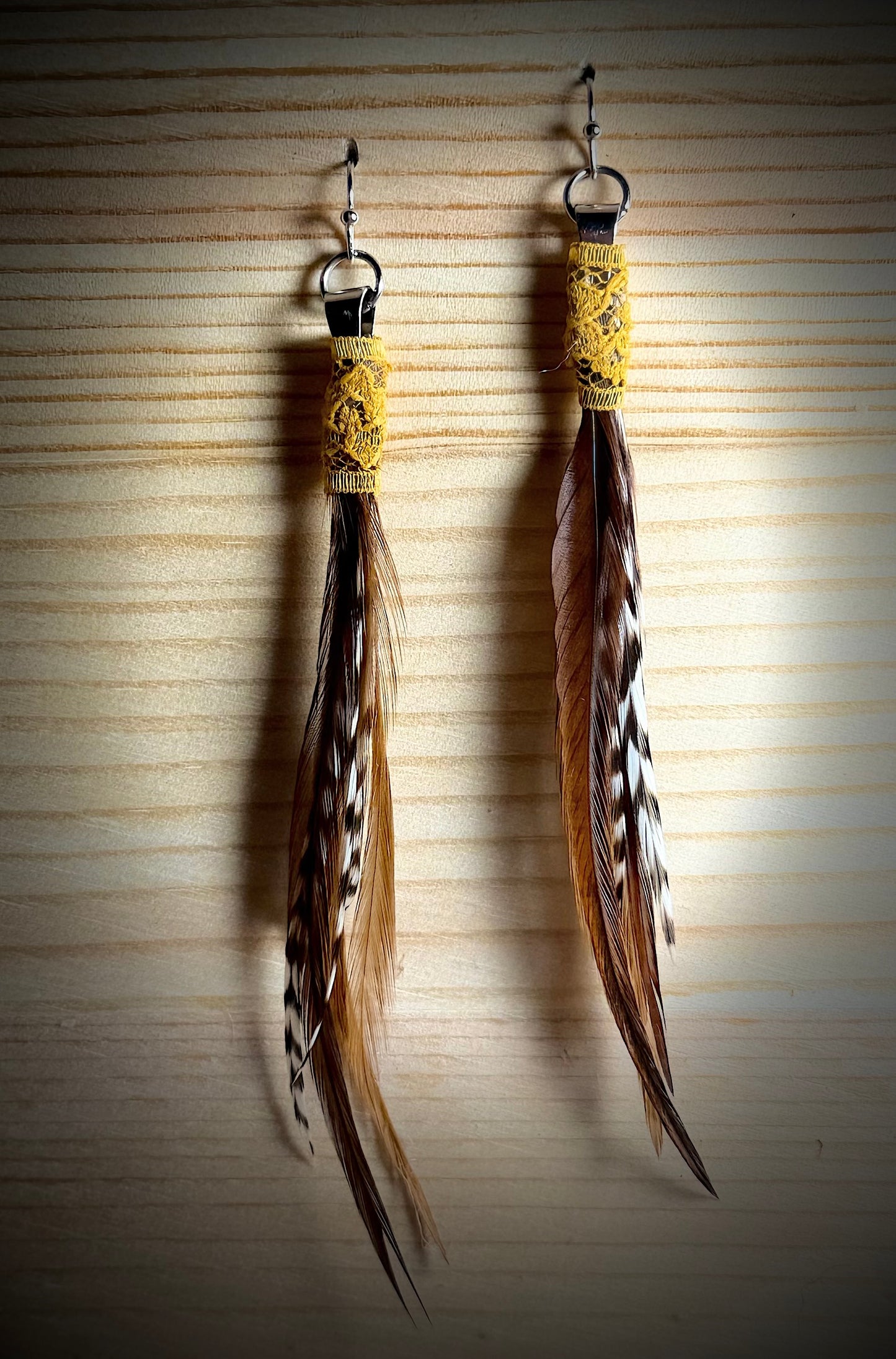 Long Boho Feather, leather, and lace Earrings