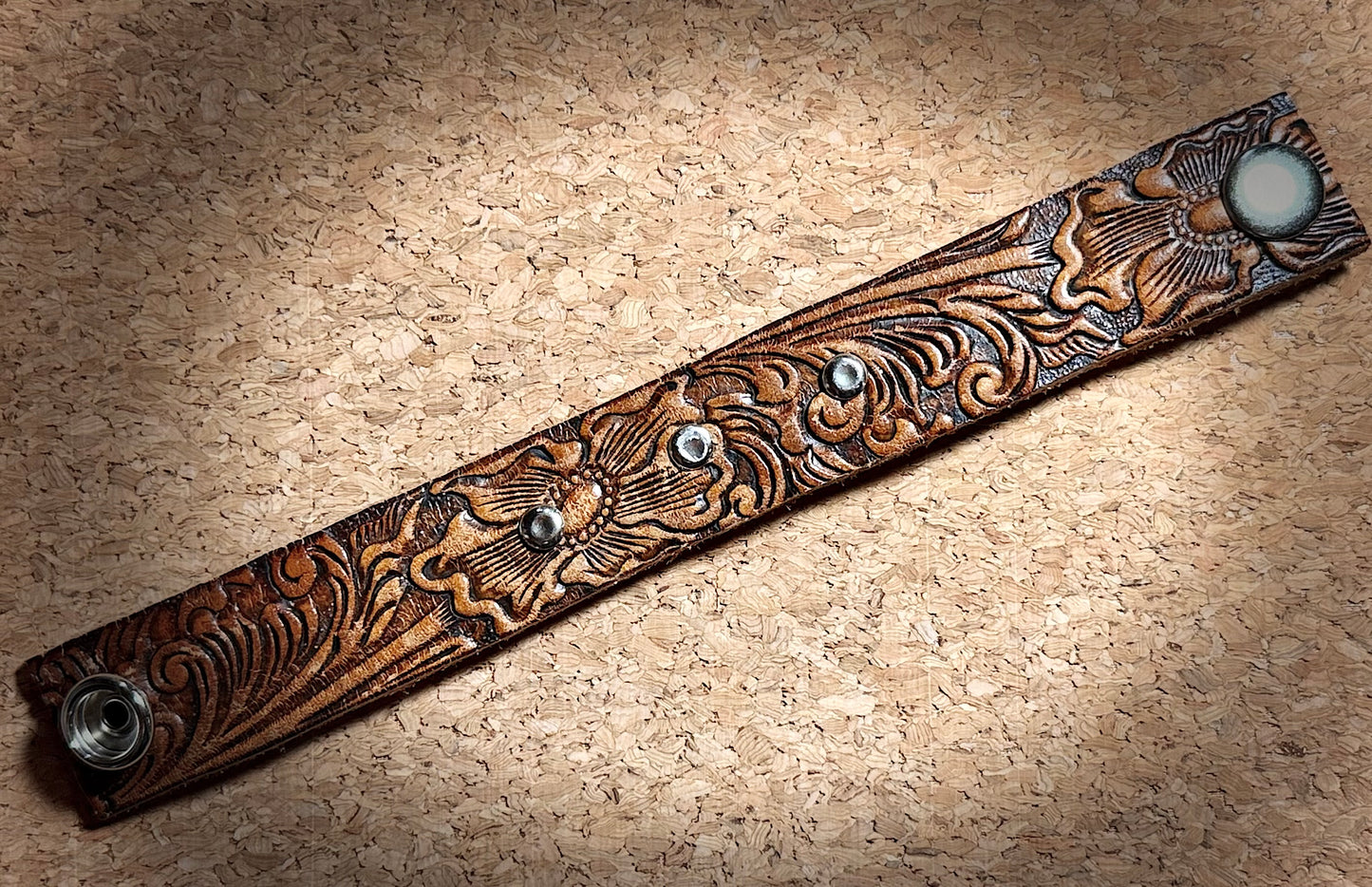 Tooled Leather Cuff Bracelet with Rivet details | Snap Closure