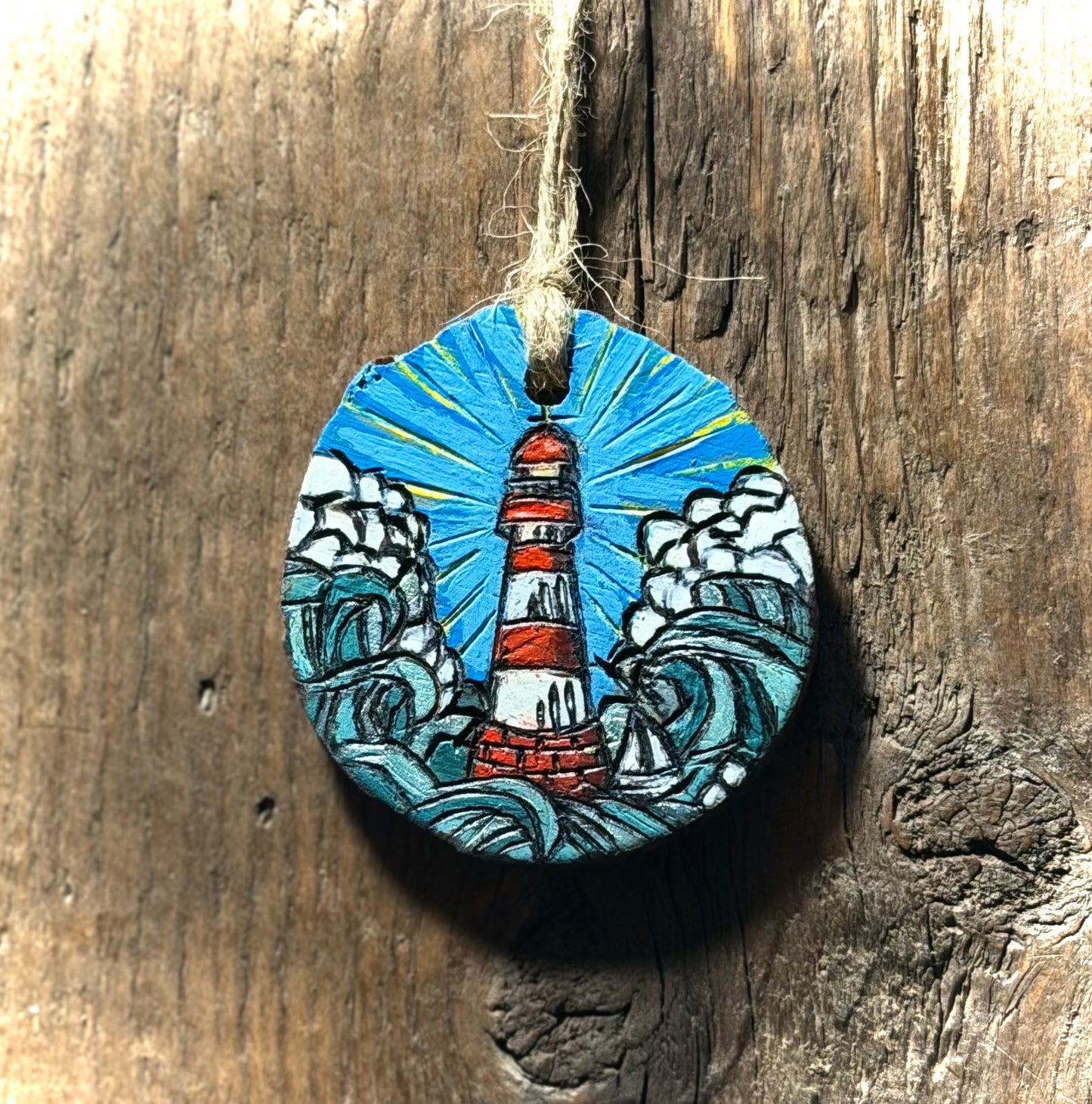 Lighthouse Waves Woodslice Ornament or Gift Tag | Hand Burned & Painted