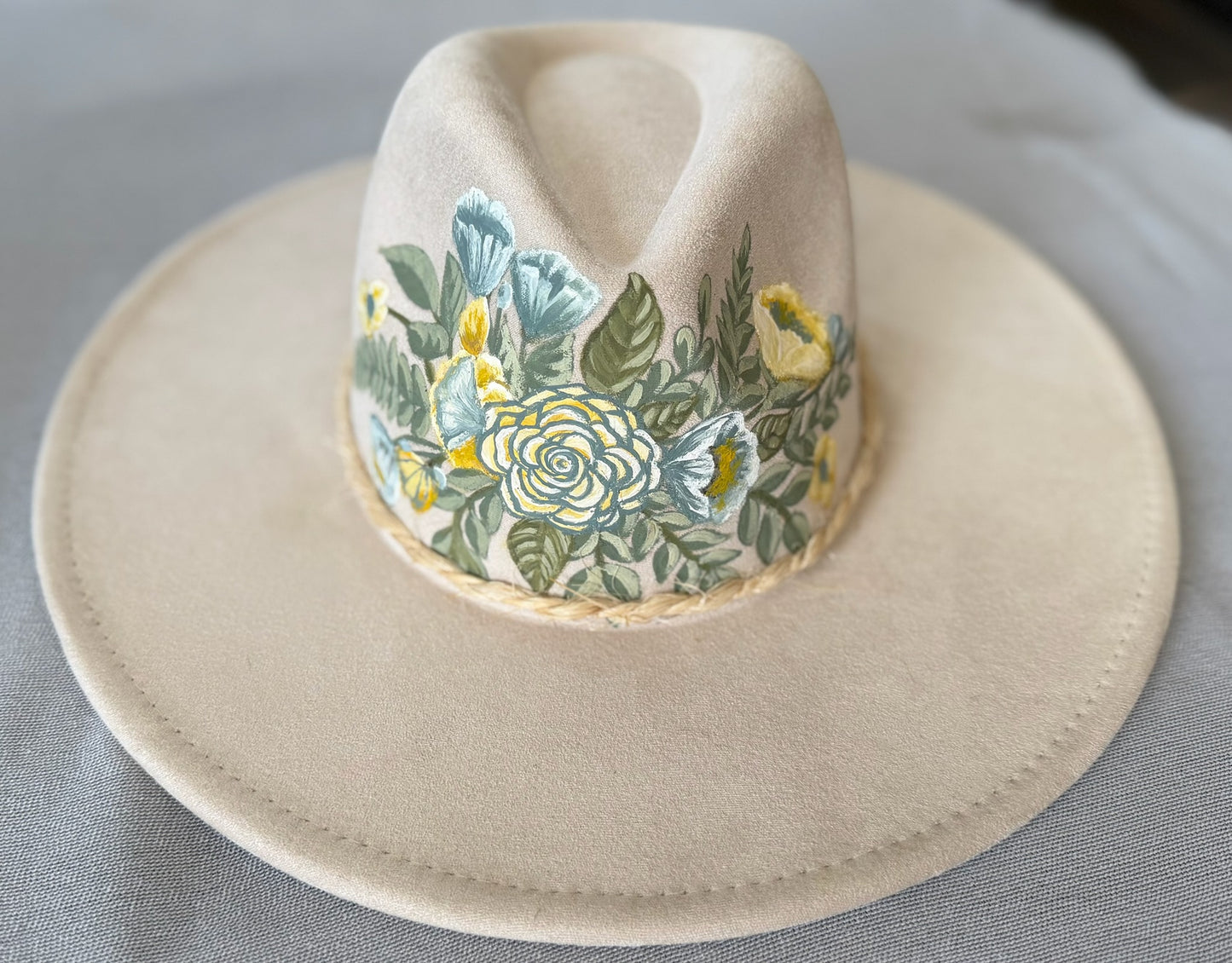 Hand-painted pastel floral hat — Faux Suede — Ember Line