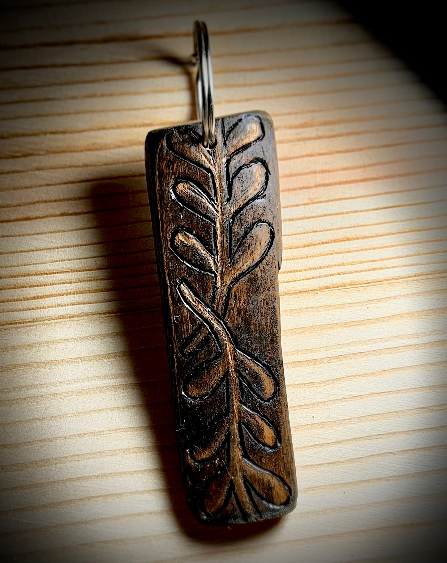 Driftwood Keychain with Hand Burned Vine Design