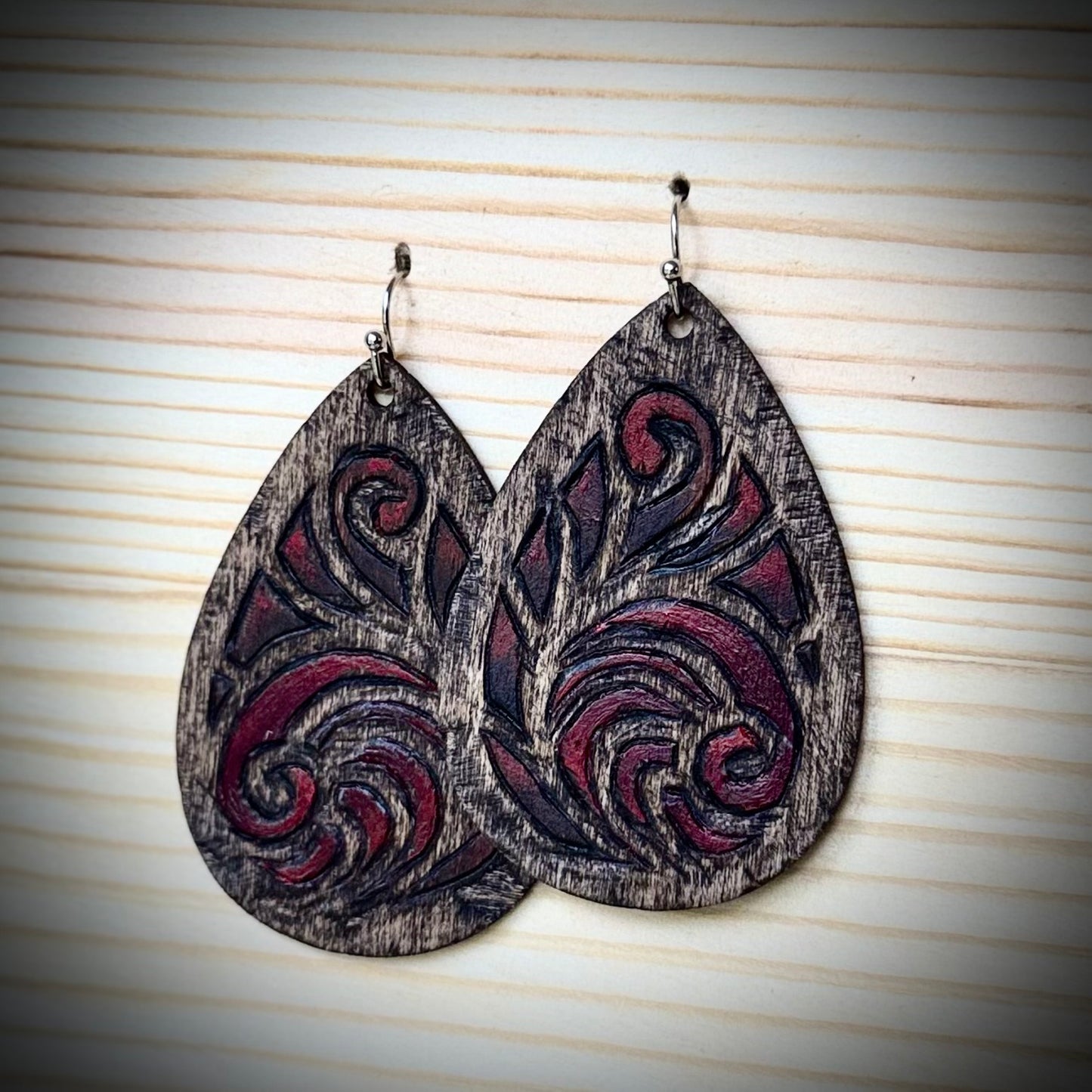 Dark Stained Wooden Teardrop Earrings with Blended Red Design | Hand Burned & Painted