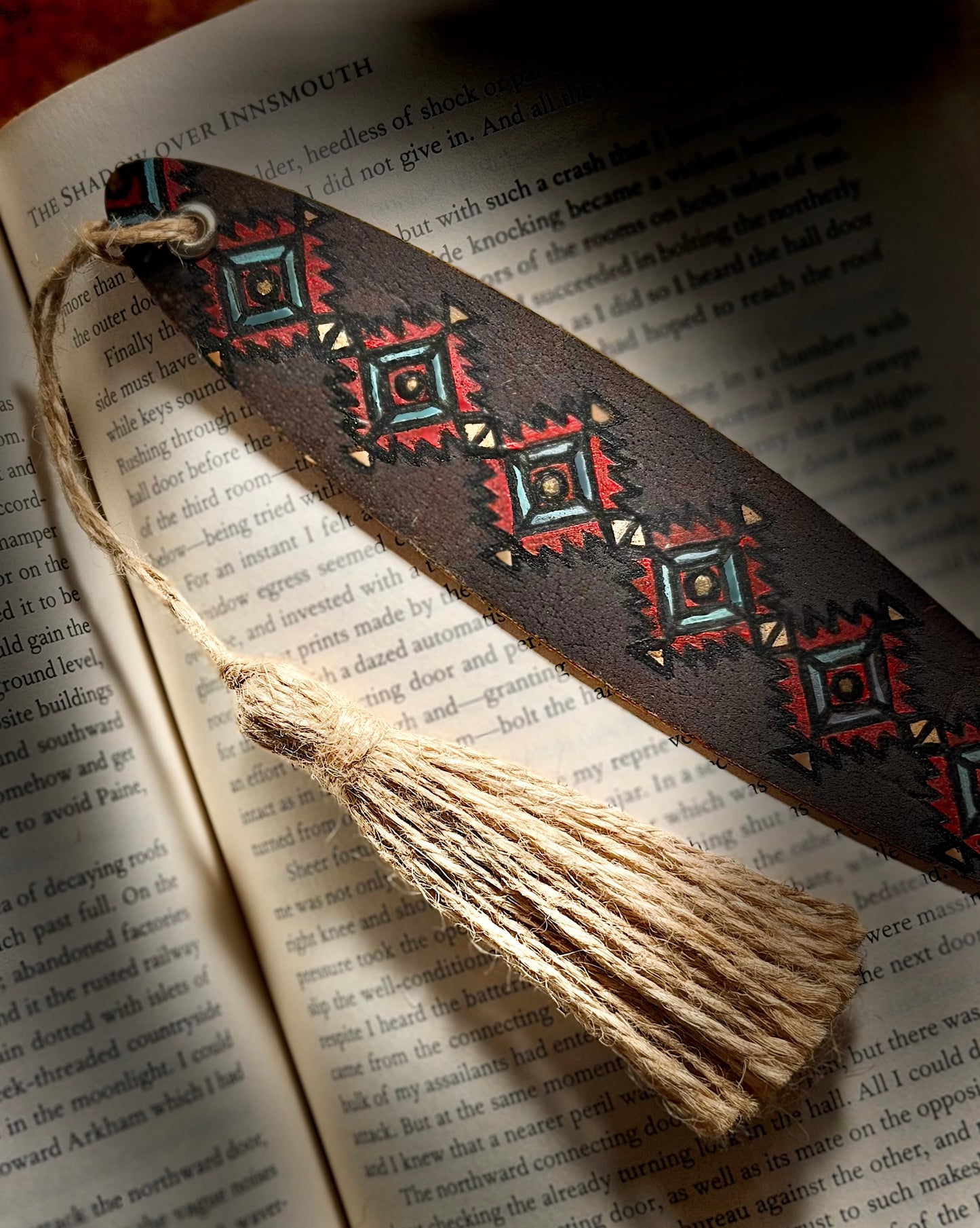Genuine Leather Oval Bookmark with Native Aztec design | Hand Cut & Painted