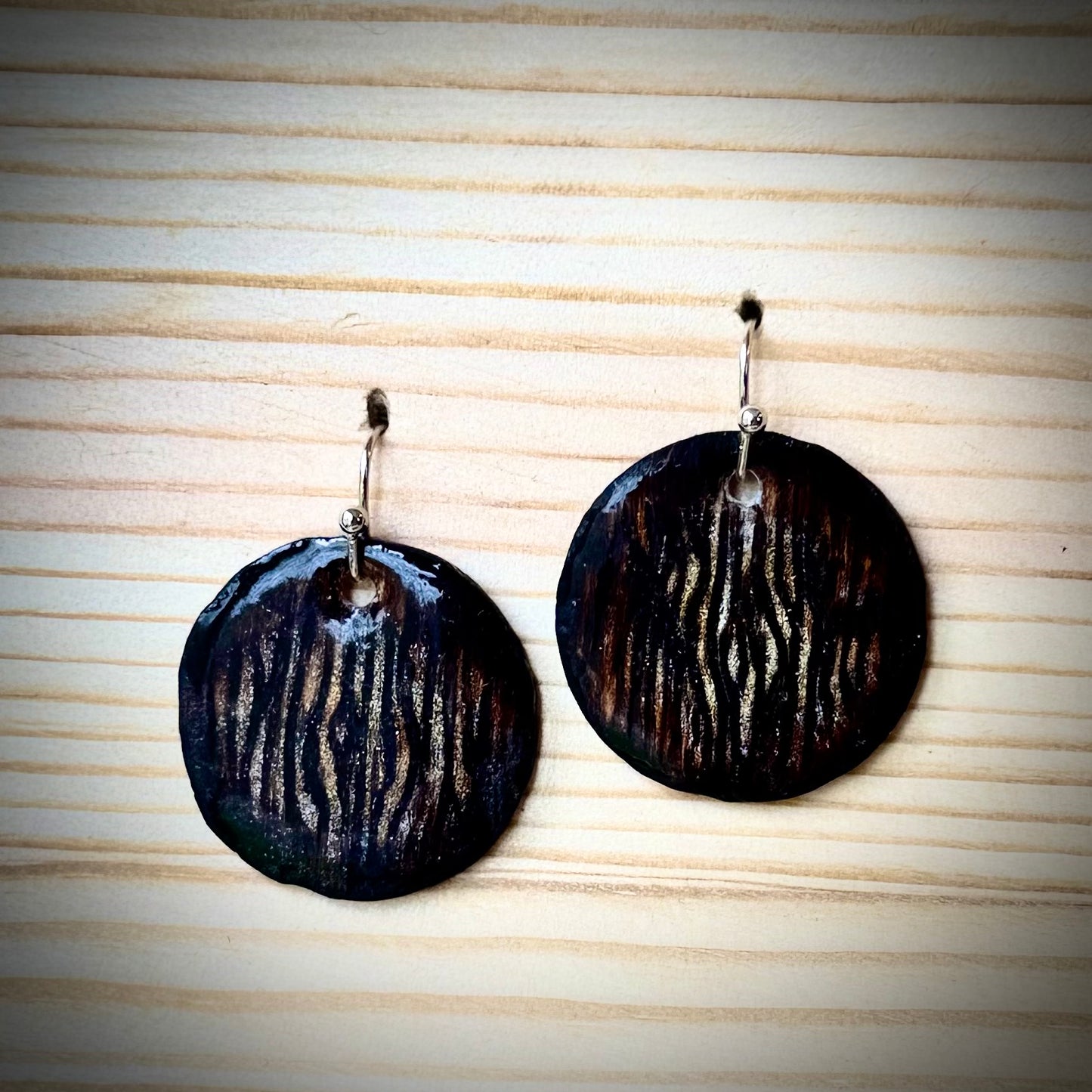 Round Wood Earrings with Subtle Wood Grain Design | Hand Burned & Painted | Sealed with Resin Glaze