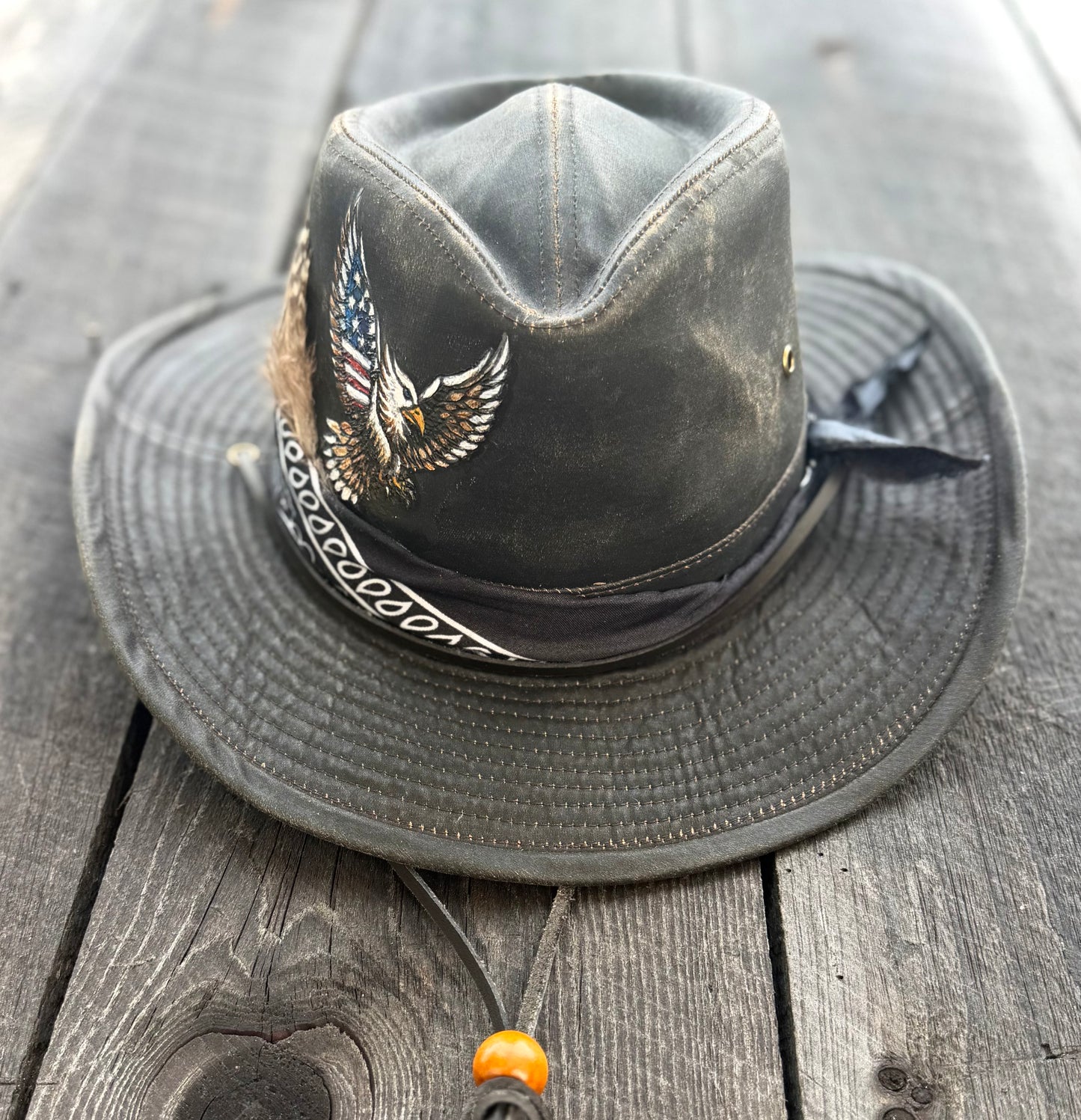 Patriotic Eagle Outback Hat | Hand-Burned & Painted American Flag Eagle | Custom Leather Hat