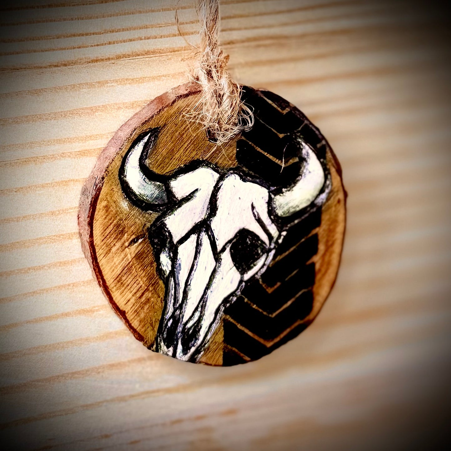 Cow Skull Woodslice Ornament or Gift Tag | Hand Burned & Painted