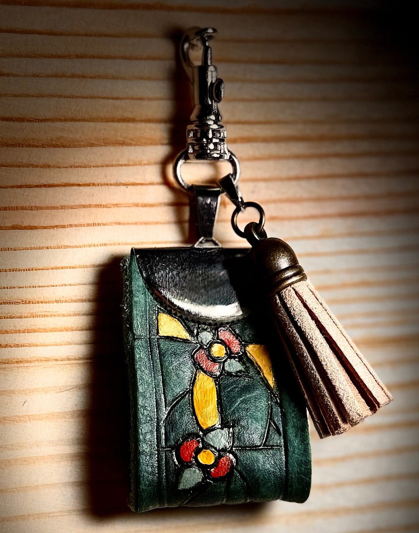 Scandinavian Floral Inspired Leather Keychain | Hand Burned & Painted