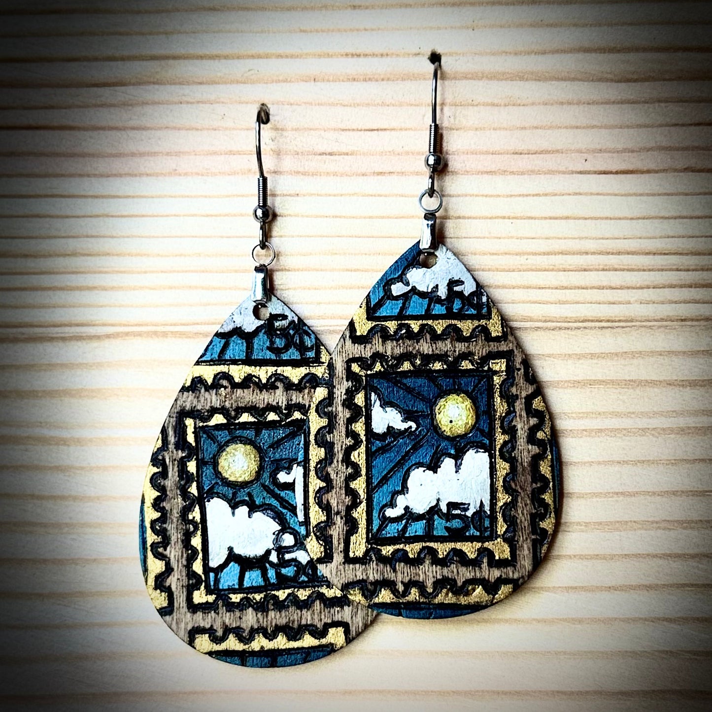 Wooden Postal Stamp Teardrop Earrings | Hand Burned & Painted with Sunny Skies