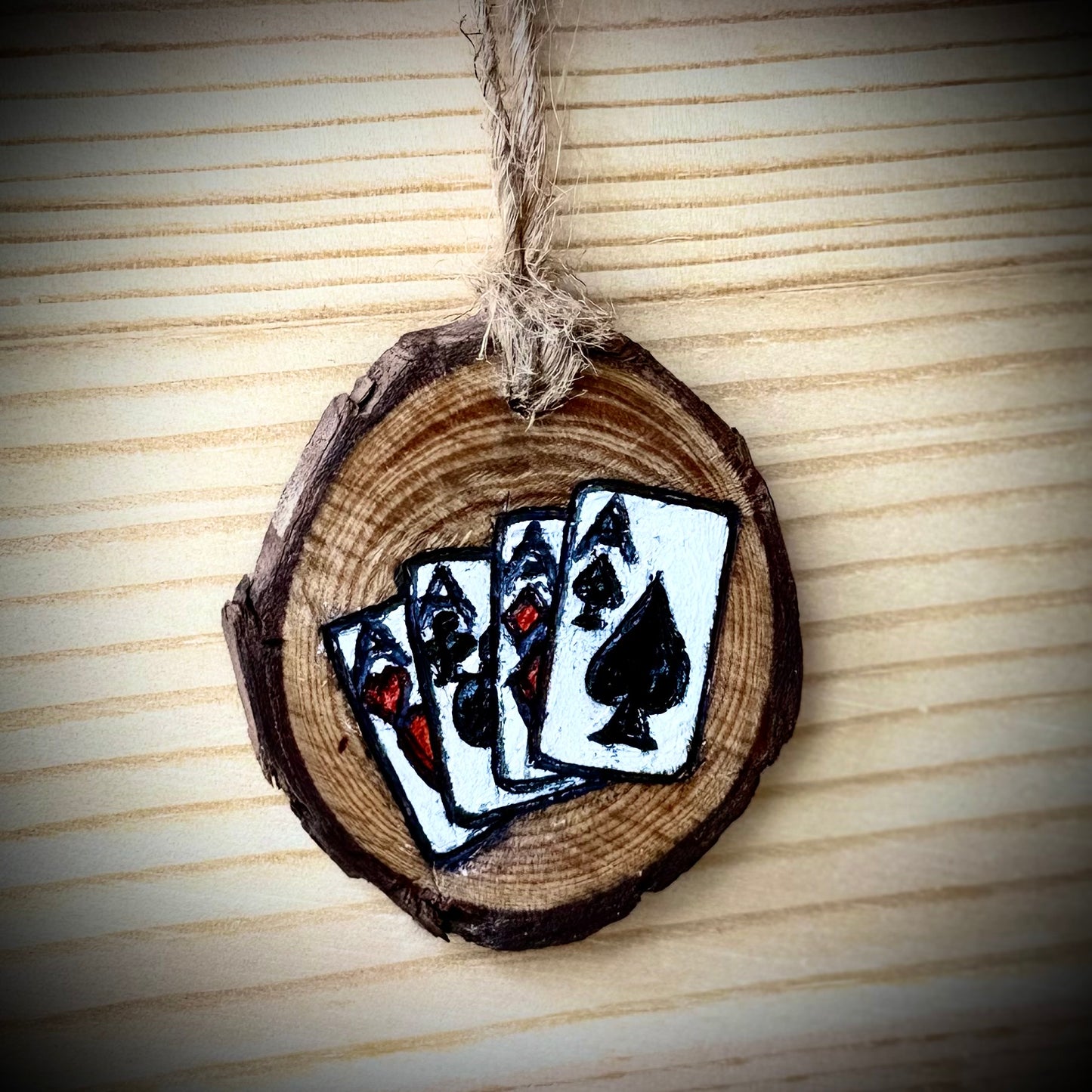 Aces Playing Cards Woodslice Gift Tag or Ornament | Hand Burned & Painted