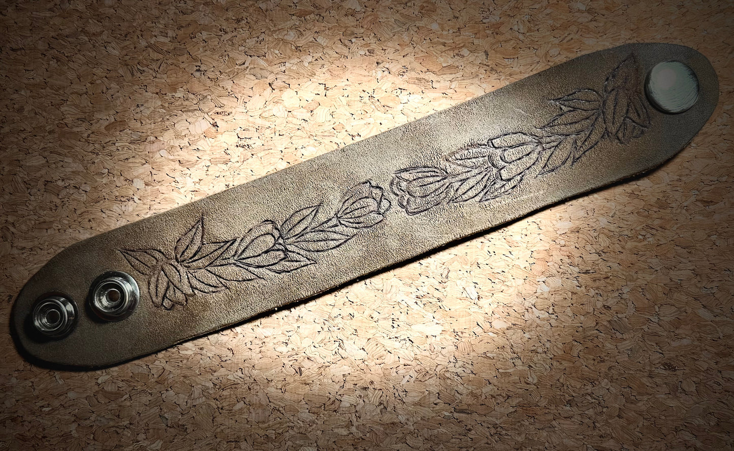 Hand Burned Tulip Leather Cuff Bracelet | 2 snap closures for adjustable fit