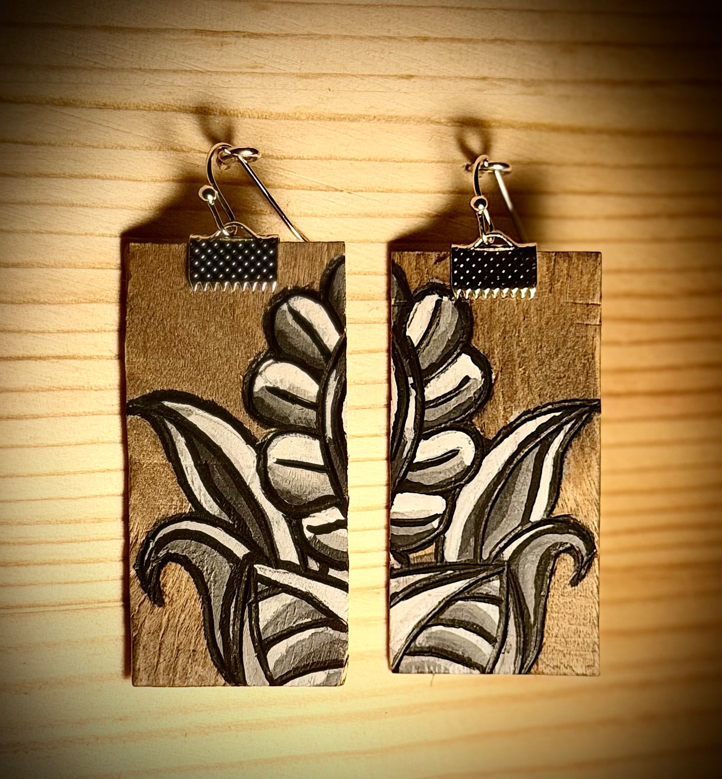 Assorted Floral Design Wooden Rectangle Earrings — Hand Burned & Painted