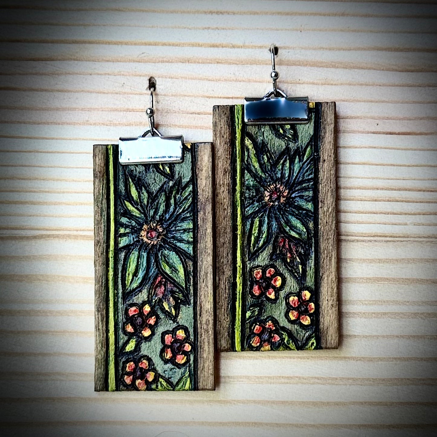 Floral Wooden Rectangle Earrings | Hand Burned & Painted