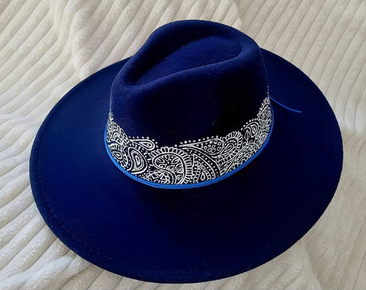 Blue Fedora with Etched & Painted White Paisley Band