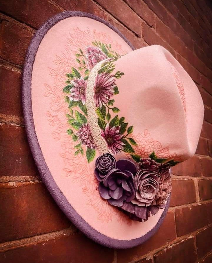 Pink Etched & Painted Floral Fedora with Sola Wood Flowers