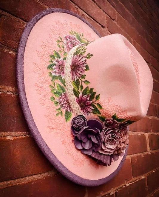 Pink Etched & Painted Floral Fedora with Sola Wood Flowers
