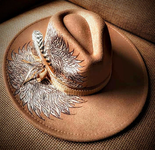 Feathered, Etched, and Painted Fedora with Decorated Band
