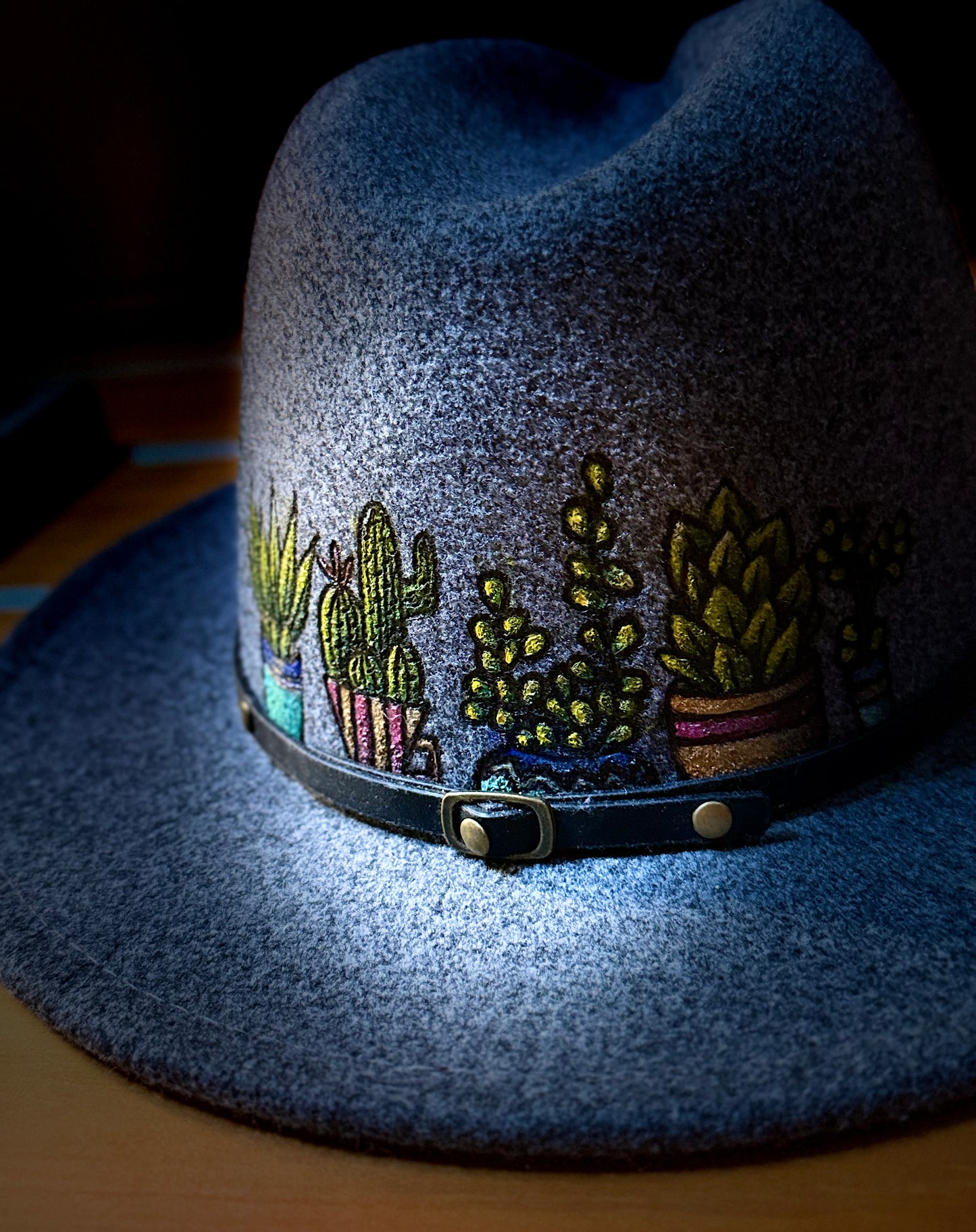 Gray Fedora with Hand-Painted & Burned Potted Succulents
