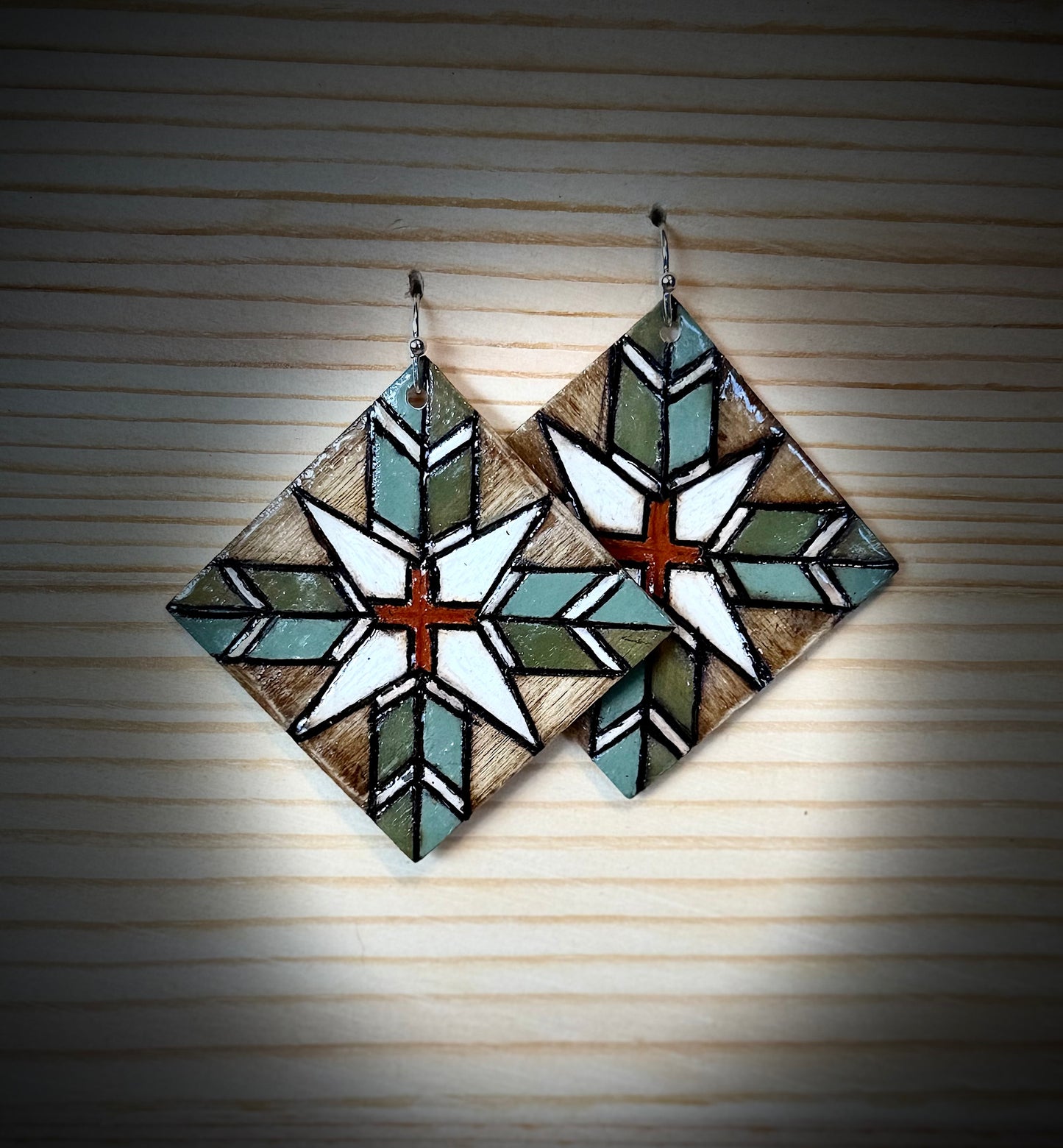 Wooden Barn Quilt Inspired Earrings | Large Square | Hand Burned & Painted
