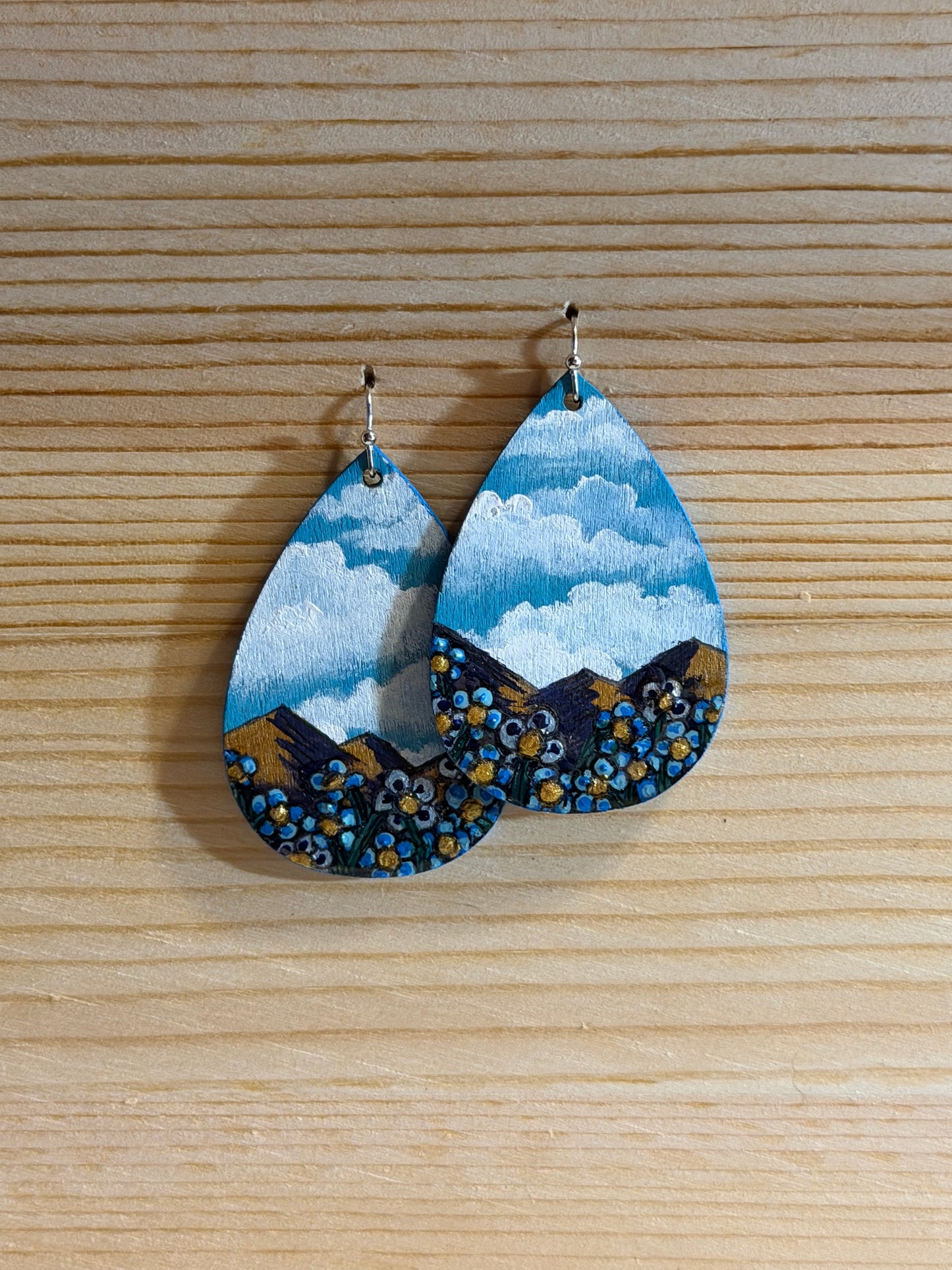 Hand-painted scenic blue sky Wood Teardrop Earrings — Kindling Collection