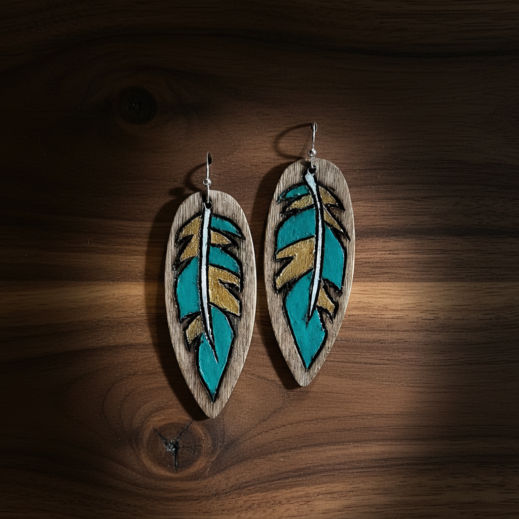 Hand-burned & painted wood feather earrings — Gold and Turquoise — Kindling Collection