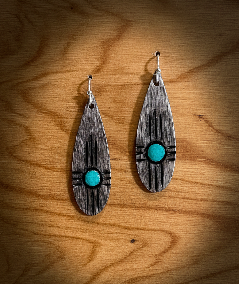 Hand-burned and Painted Native Aztec style earrings — teardrop — Kindling Collection