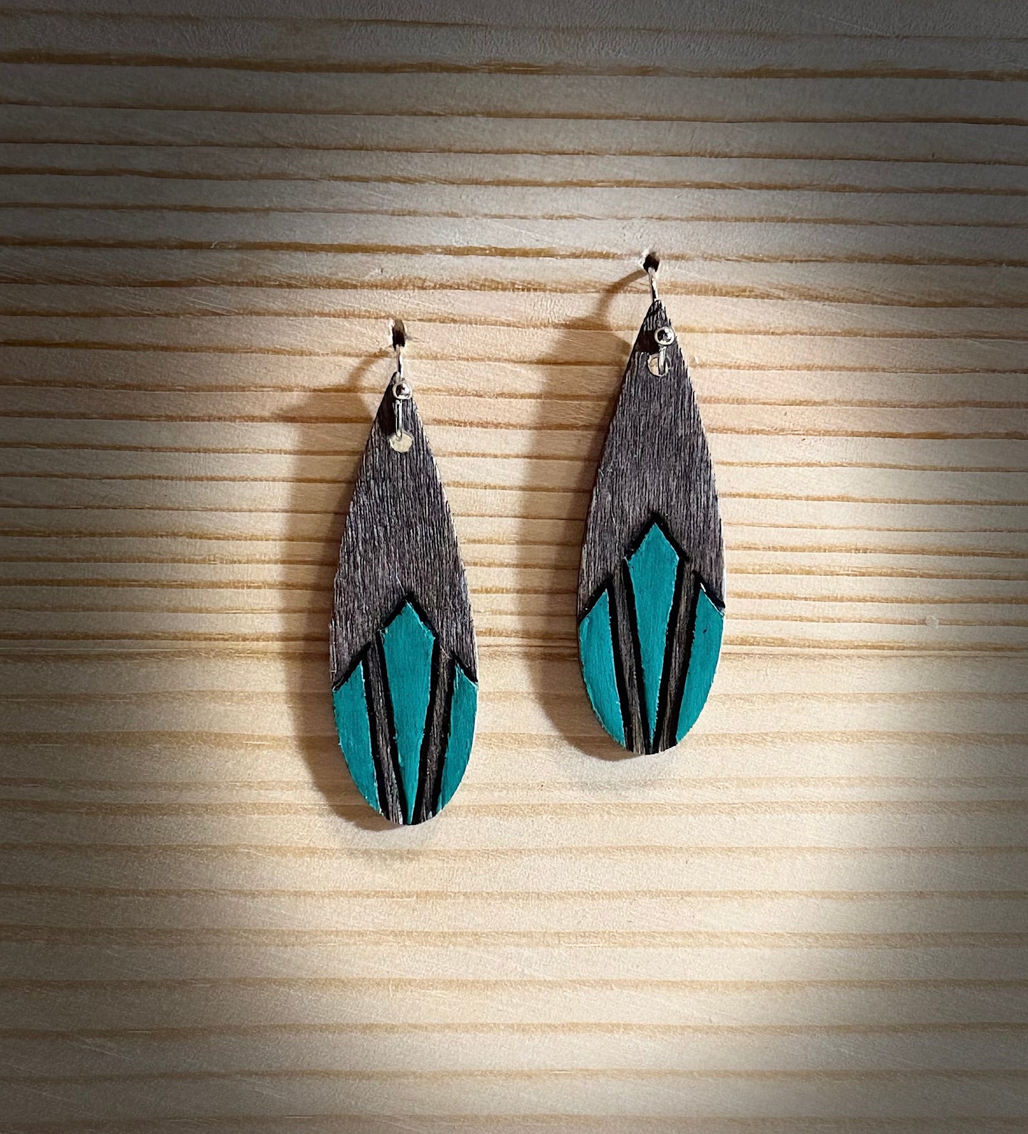 Hand-burned and painted Native Aztec Diamond Wood Earrings