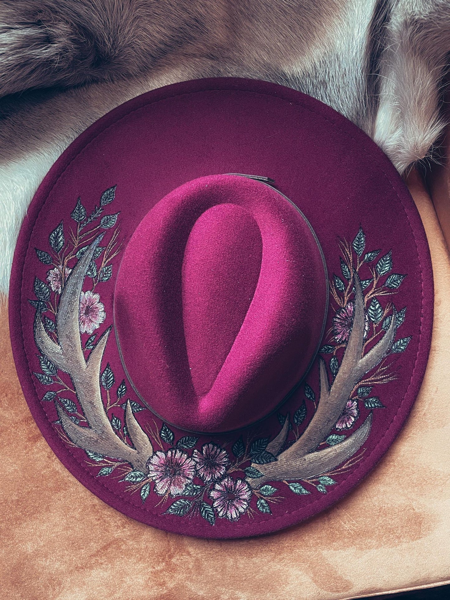Burgundy Floral Antler Fedora