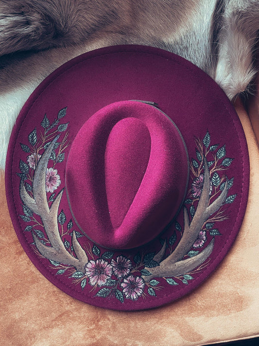 Burgundy Floral Antler Fedora