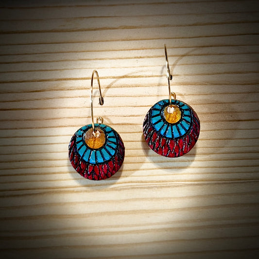 Colorful Bold Flower Inspired Wood Earrings — Hand Burned & Painted — hoops