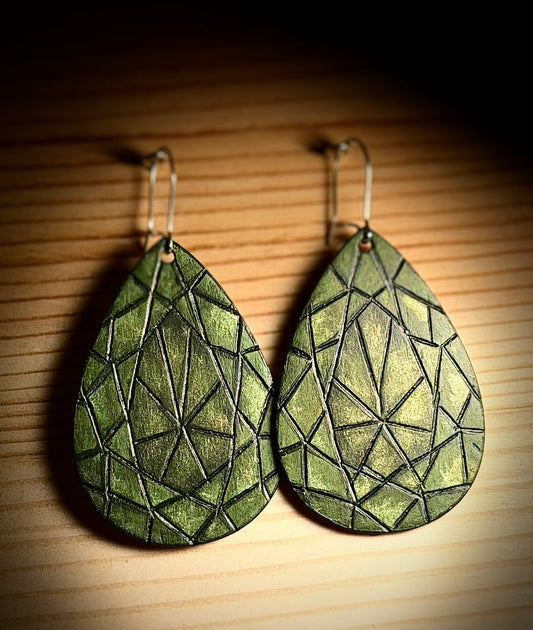 Green Geometric Diamond Wooden Teardrop Earrings | Hand Burned & Painted
