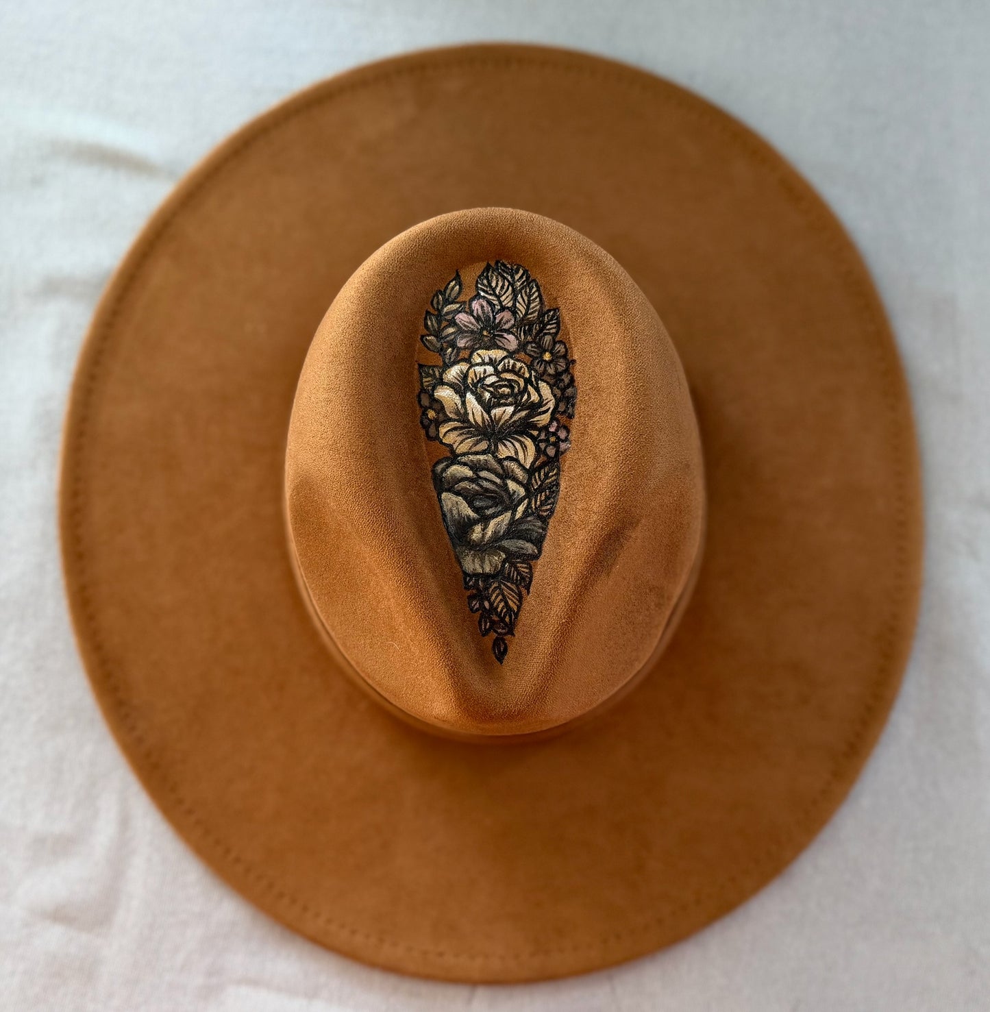 Hand-burned & Painted Floral Top Rancher Hat — Faux Suede — Signature Series