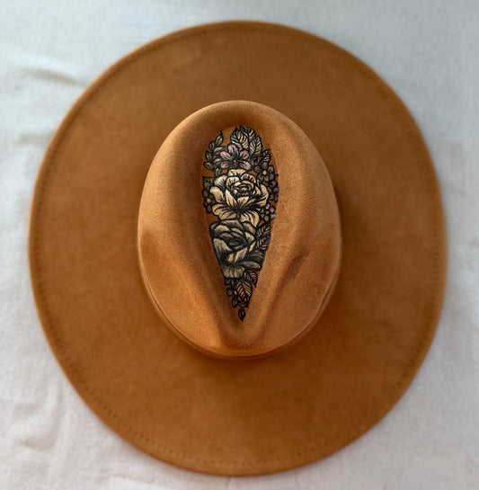 Hand-burned & Painted Floral Top Rancher Hat — Faux Suede — Signature Series