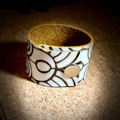 Floral Mandala Painted Leather Cuff Bracelet | Snap Closure