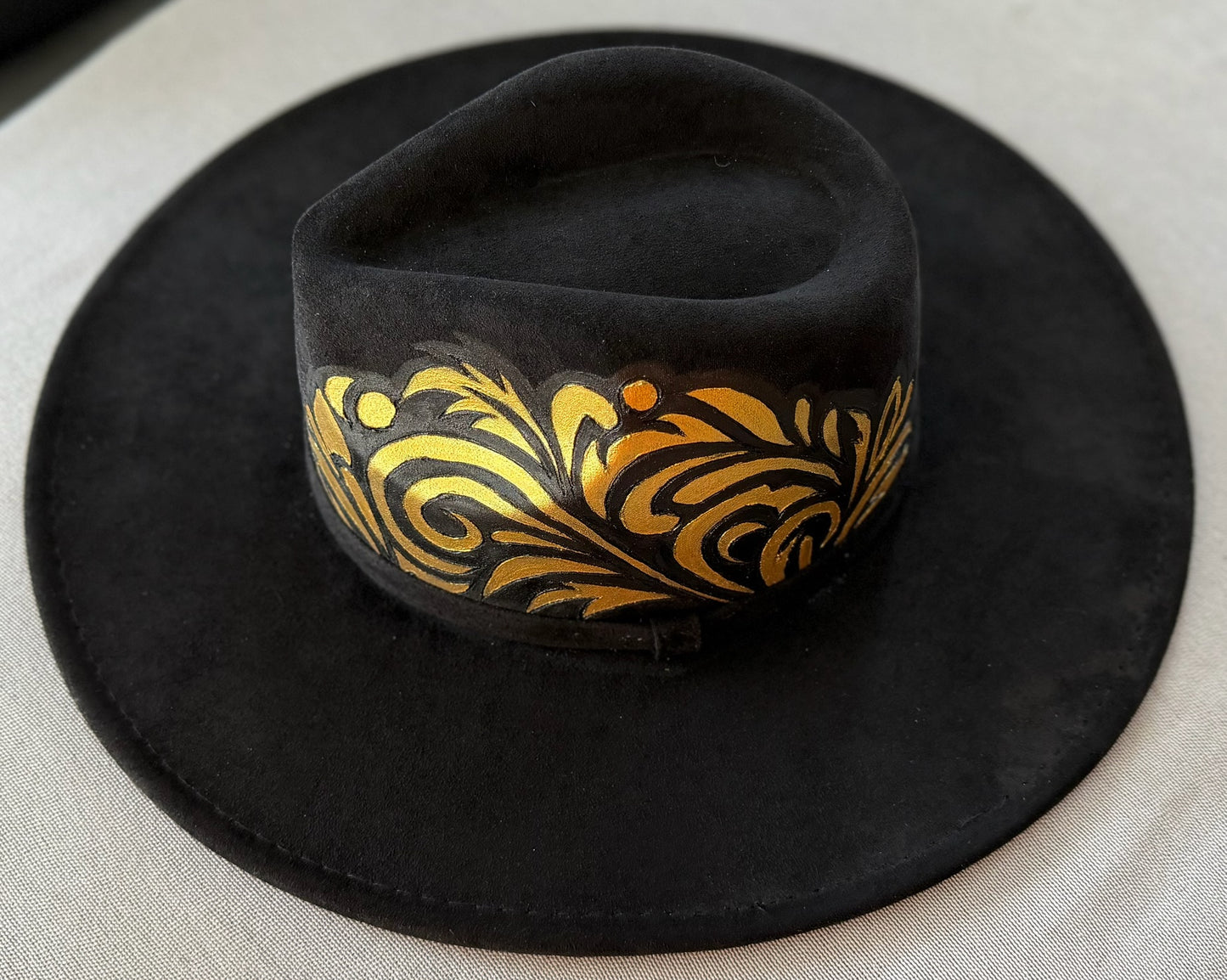 Gold Noir hand-burned & painted hat — Faux Suede — Ember Line