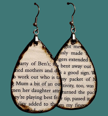 Teardrop Book Page Wood Earrings