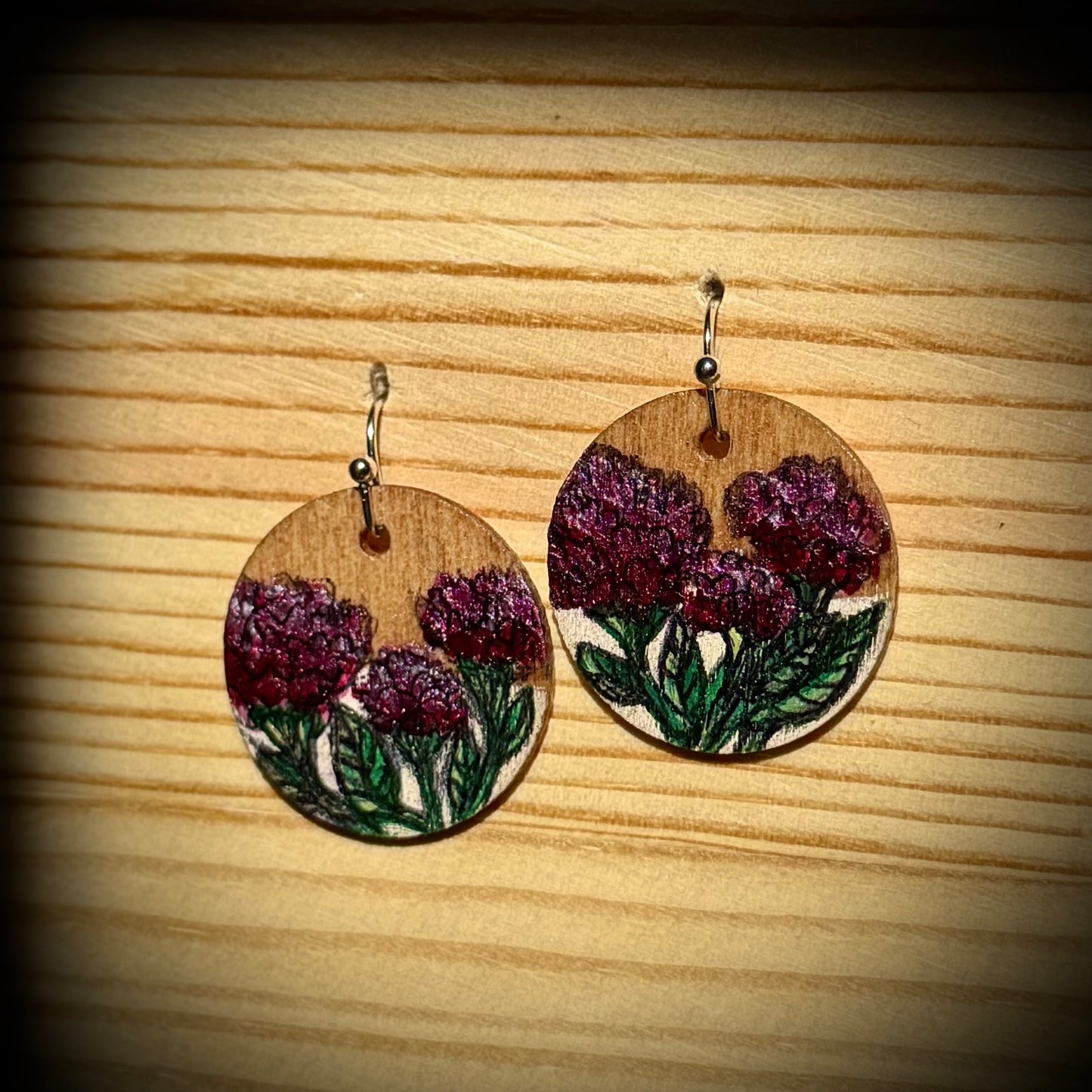 Round Wooden Earrings with Glossy Pink Florals | Hand Painted