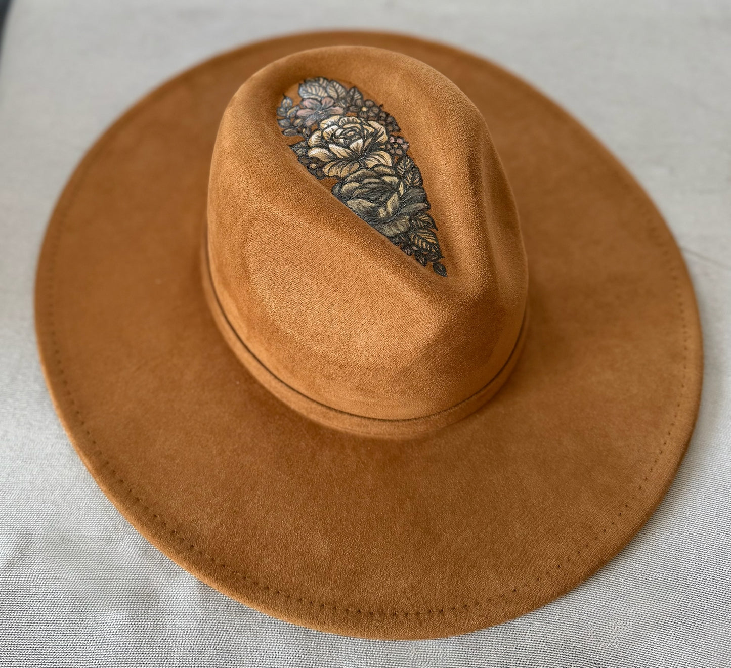 Hand-burned & Painted Floral Top Rancher Hat — Faux Suede — Signature Series