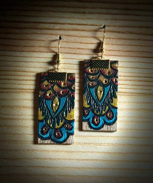 Colorful Aztec Style Wooden Rectangle Earrings — Hand Burned & Painted