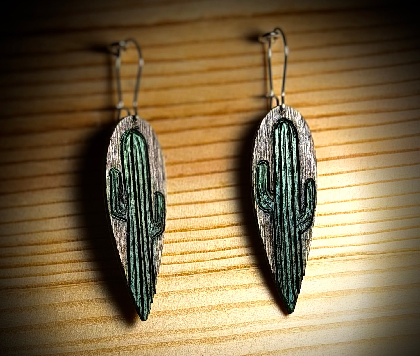 Wooden Cactus Teardrop Earrings | Hand Burned & Painted
