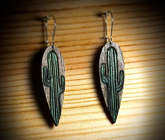 Wooden Cactus Teardrop Earrings | Hand Burned & Painted