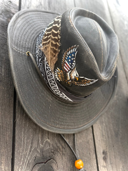 Patriotic Eagle Outback Hat | Hand-Burned & Painted American Flag Eagle | Custom Leather Hat