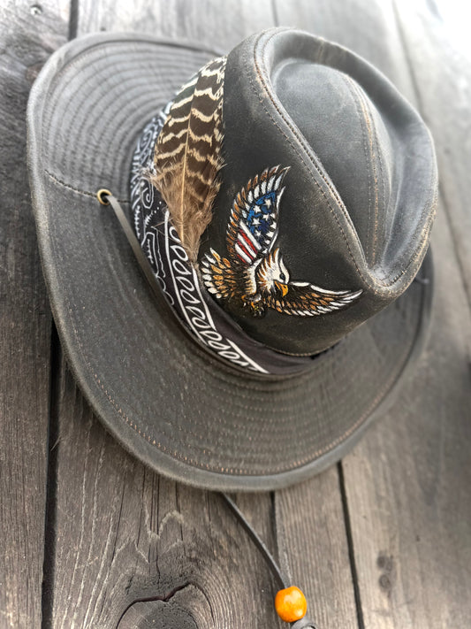 Patriotic Eagle Outback Hat | Hand-Burned & Painted American Flag Eagle | Custom Leather Hat